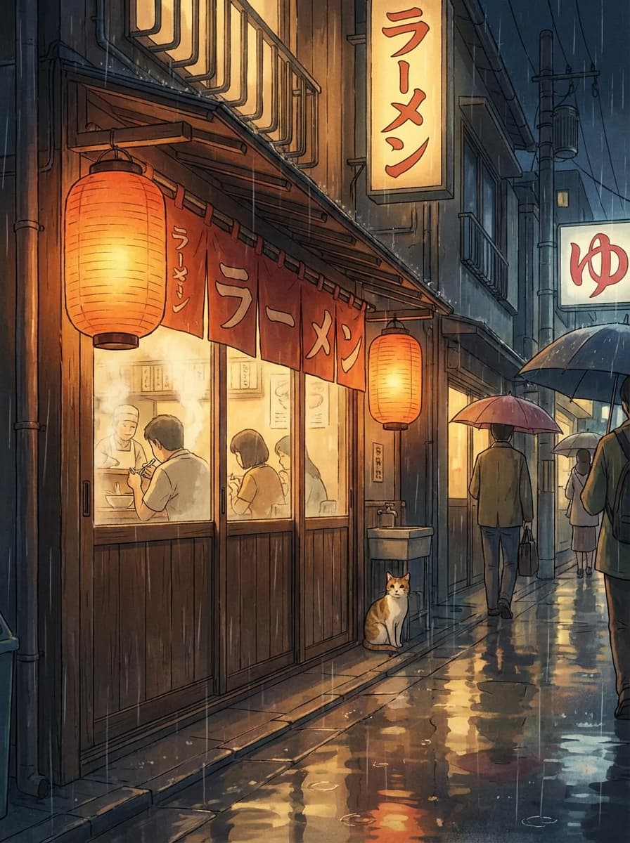 A cozy ramen shop on a rainy Tokyo night with warm lantern light, anime style