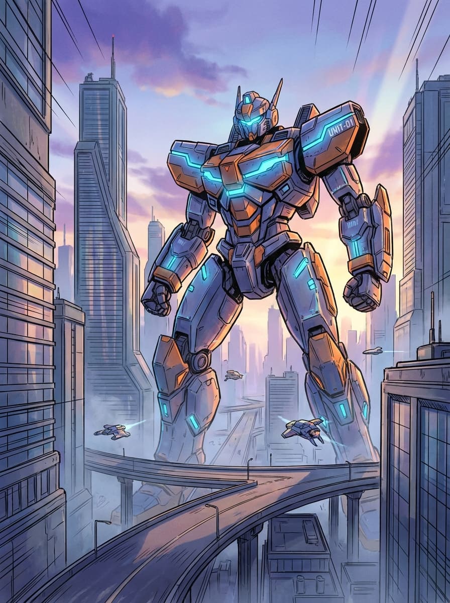 A giant mecha robot standing in a futuristic cityscape at dawn, anime style