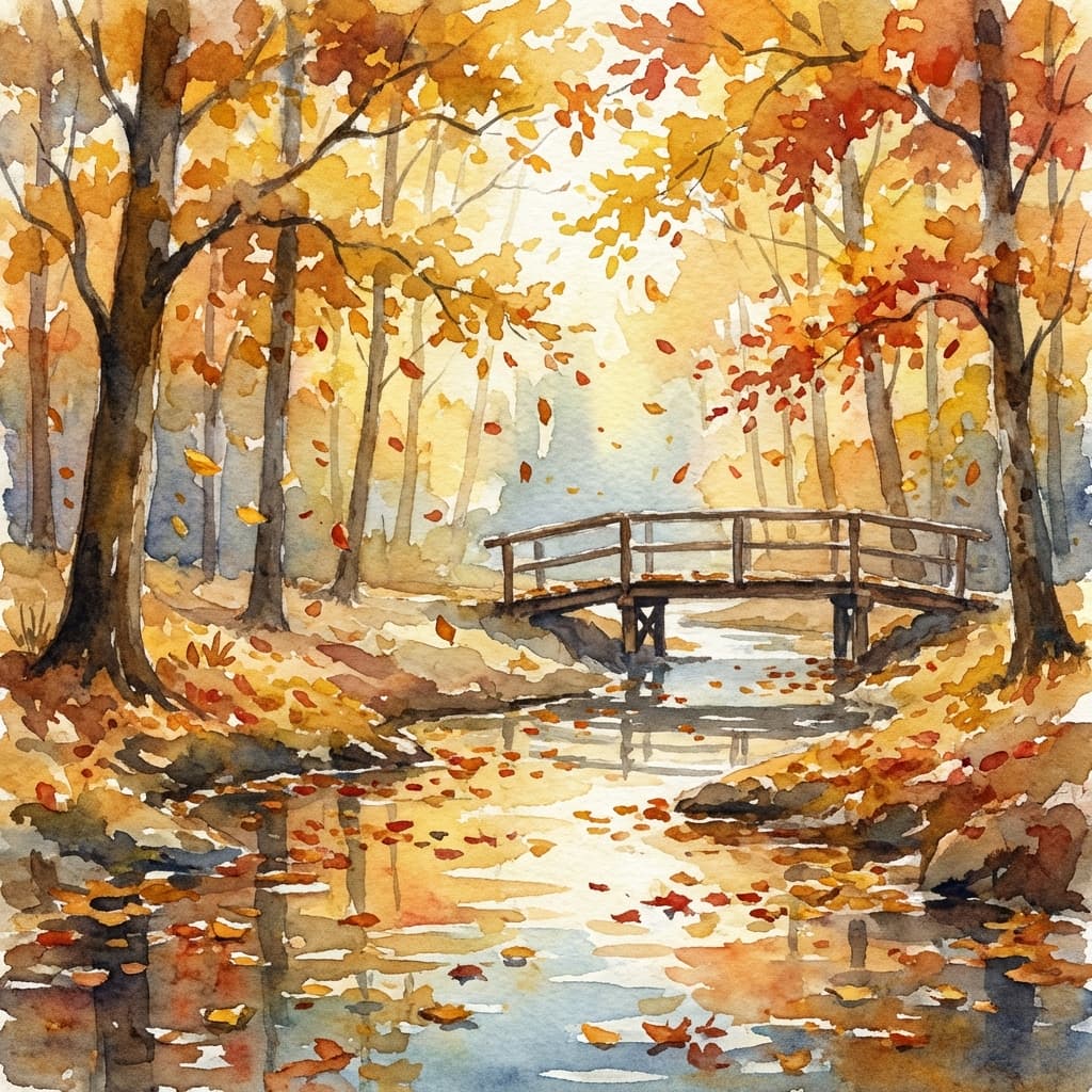 An autumn forest with golden leaves falling into a stream, watercolor style