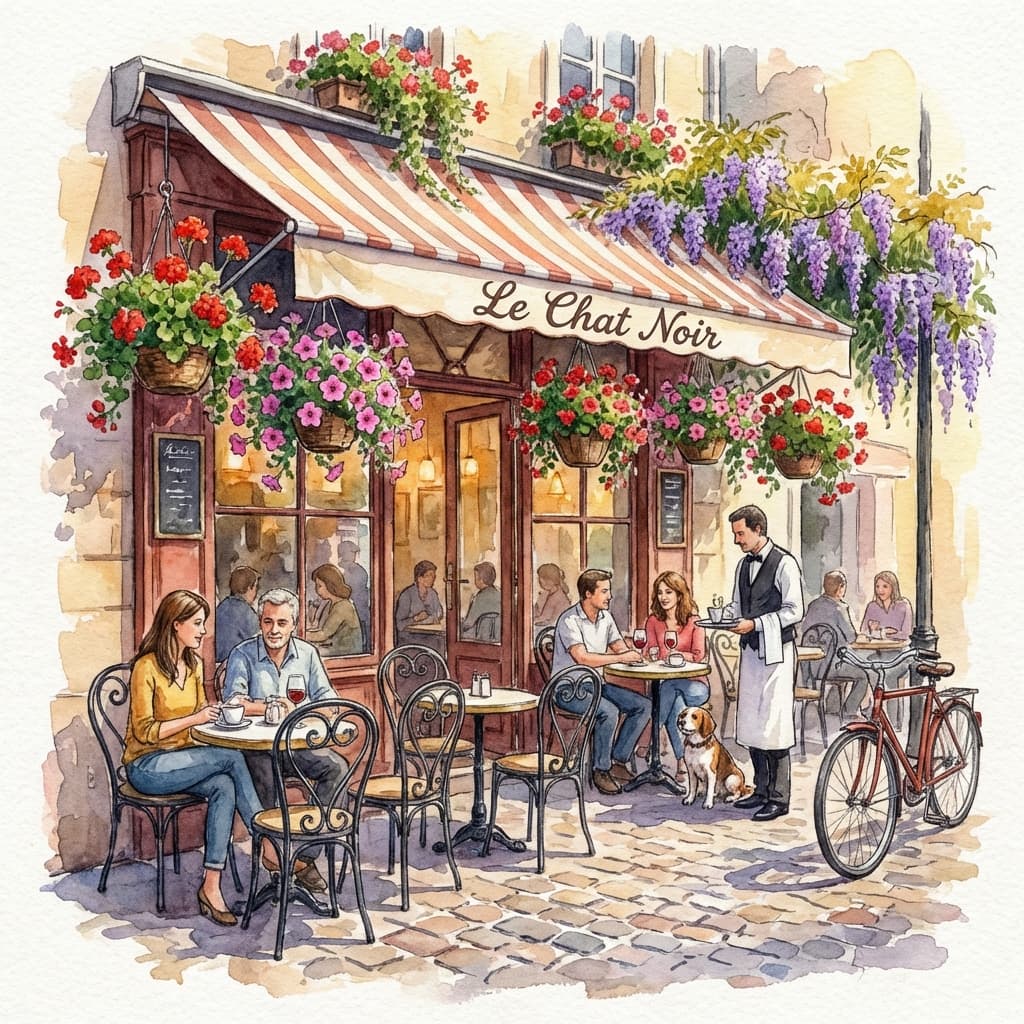 A Parisian café with outdoor seating and hanging flowers, watercolor style
